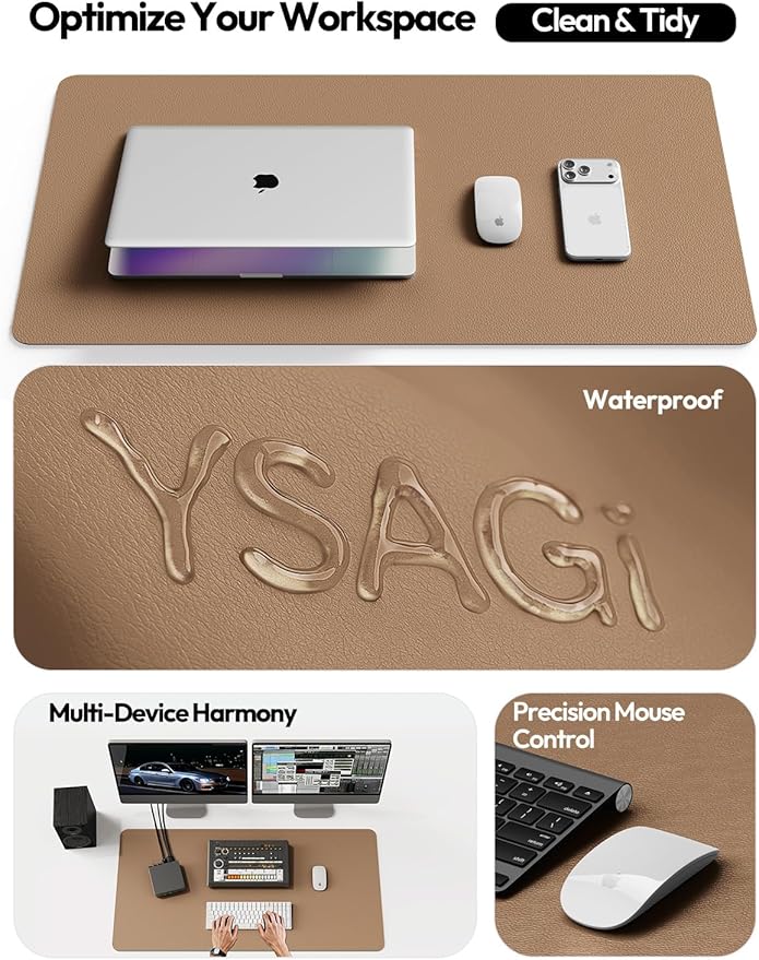 YSAGi Leather Desk Protector, Office Mat, Large Mouse Mat, Non-Slip PU Leather Blotter, Laptop Desk Pad, Waterproof Writing Pad for Office and Home (Khaki, 47" x 17")