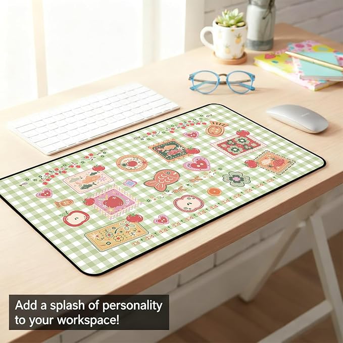 Mouse Pad Cute, Green White Checkered Desk Pad, Retro Gaming Desk Mats, Large Mousepad Laptop Keyboard Mouse Mat, Funny Food Girls Office Desktop Decor Accessories, for Women 31.5"X15.7"