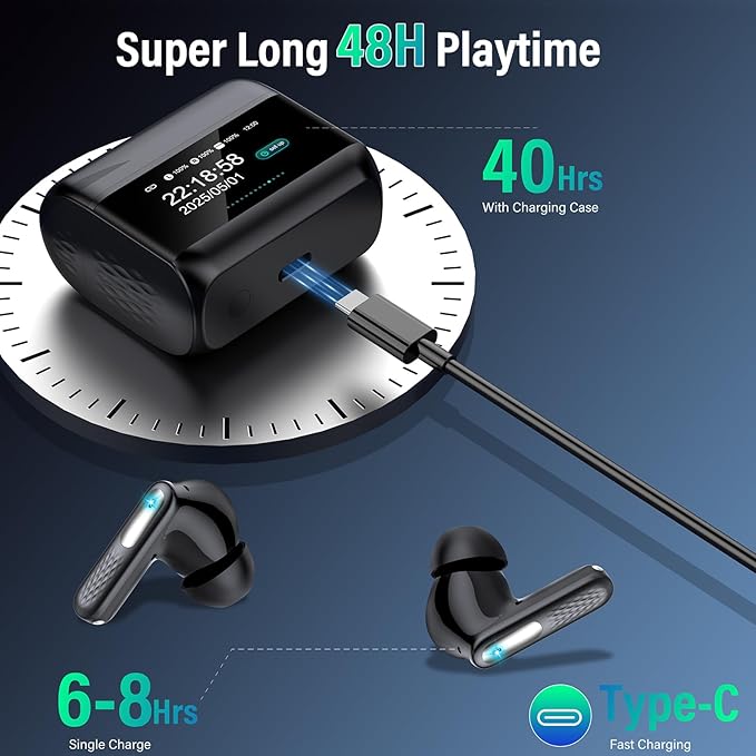 Wireless Earbuds with Touch Screen, Bluetooth 5.4 Headphones, ANC/ENC Noise Cancelling, 48H HiFi Stereo Bluetooth Ear Buds with 5 EQ Modes, Transparency Mode, IPX7 Earphones, Black
