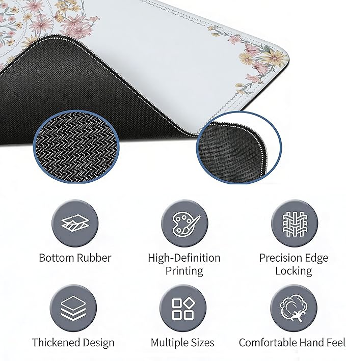 Boho Flroal Mouse Pad Pink and White Desk Mat, Spring Summer Mouse Pad for Desk Large, Boho Desktop Mats Aesthetic Computers Pads for Desk Office Dorm Women 31.5x11.8
