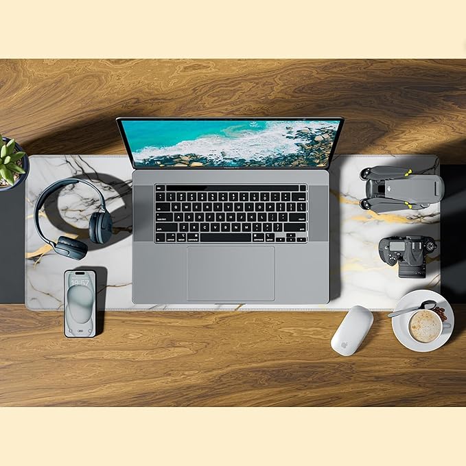 Desk Mat,Gold Line Marble Gaming Mouse Pad,31.5""X15.7"" Large Desk Pad with Stitched Edge Non-Slip Base Keyboard Big Mouse Pad for Office Home Work Gaming-White, WDQ-D02