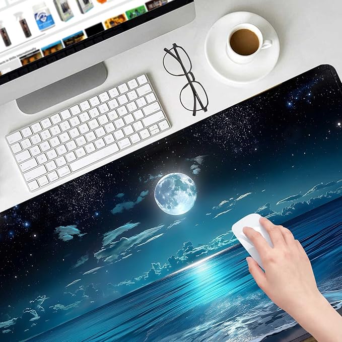 Moon Illuminating The Clear Blue Ocean Design Large Mouse pad,Large Extended Gaming Mouse Pad with Stitched Edges,Non-Slip Natural Rubber Base,Waterproof Computer Mouse Pad Keyboard Mat