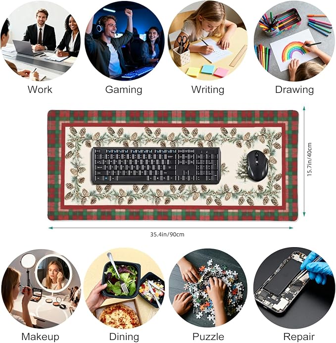 Christmas Tree Plaid XXL Desk Mat - Large Mouse Pad with Anti-Slip Base & Stitched Edges for Women, Festive Desk Pad for Computer, Keyboard and Home Office