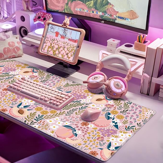 Baziabbo Pink Desk Mat,XXL Extended Large Mouse Pad,Cute Gaming Mousepad with Stitched Edge,Non-Slip Rubber Base Keyboard Desk Pad for Home Office Study Game