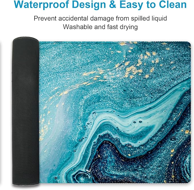 XXL Waterproof Office Desk Pad Protector 35.4x15.7 Inch - Extended Gaming Mouse Pad with Non-Slip Rubber Base, Thickened Keyboard Mat, Stitched Edges & Blue Marble Design