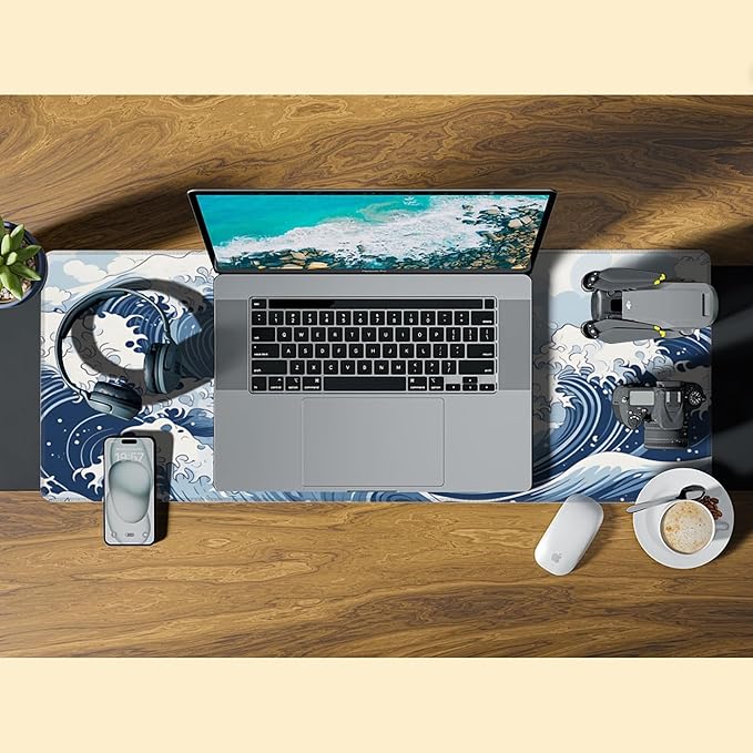 Mountain Gaming Mouse Pad,Japanese Blue and White Sea Wave Desk Mat,31.5""X15.7"" Large Desk Pad with Stitched Edge Non-Slip Base Keyboard Big Mouse Pad for Office Home Work Gaming, WDQ-D05