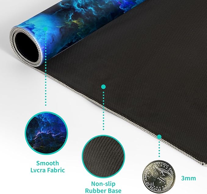 Dazzling Galaxy Gaming Mouse Pad 27.6x11.8 Inch Blue Purple Galaxy Nebula Universe Space Large Mousepad Non-Slip Rubber Base Stitched Edges Keyboard Mouse Mat Desk Pad for Office Home and Game