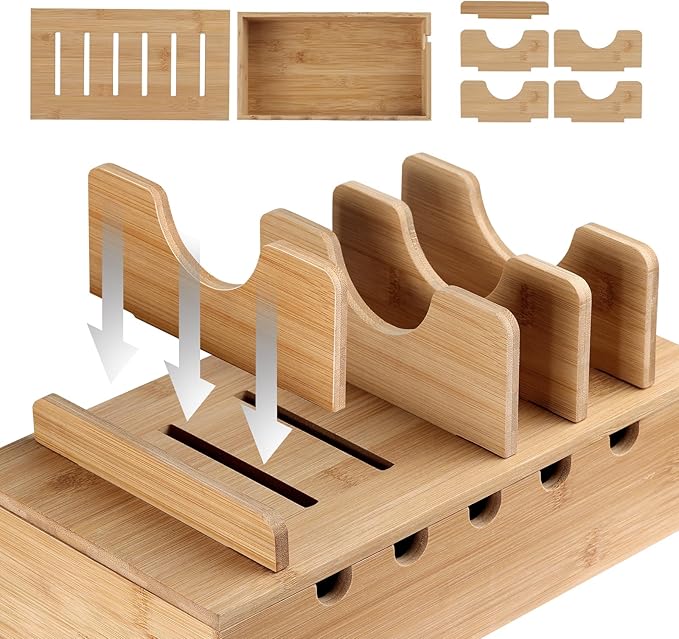 Bamboo Charging Station for Multiple Devices, Cell Phone Docking Charging Station Organizer, Nightstand Bedside Desk Device Charger Organizer for Laptop, Tablets and iPads