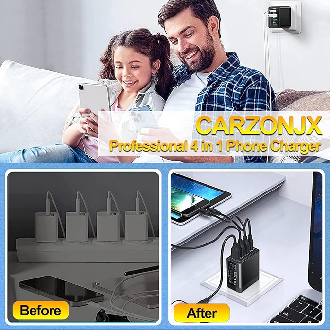 40W QC3.0 USB C Wall Charger, CARZONJX 4 Port PD+QC Power Adapter Fast Charging Blocks USB C Brick Multiport Cube for iPhone 15 14 13 12 11 XS XR X 8, iPad, Galaxy, Tablet, Notebook