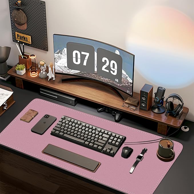 Bleswin Multifunctional Large Desk Mat, Double Sided Computer Desk pad, Extended Mouse Mat, Office Desk Protector with Waterproof PU Leather, 35.4''×16.9'', Office Home Writing Pad (Purple+Pink)