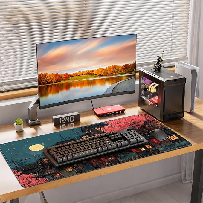 Japanese Anime Cherry Blossom Night Scene Mouse Pad, XXL Extended 35.4 x 15.7 Inch Desk Mat, Non-Slip Rubber Base, Microfiber Cloth Surface, Game Table mat