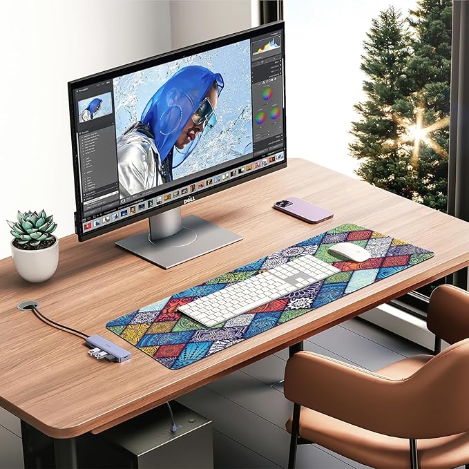 Colorful Boho Desk Mat,Large Cute Mouse Pad for Desk, Girly Mousepad with Stitched Edges, Computer Keyboard Mat for Work, Game, Office, Home, 31.5 x 11.8 Inch