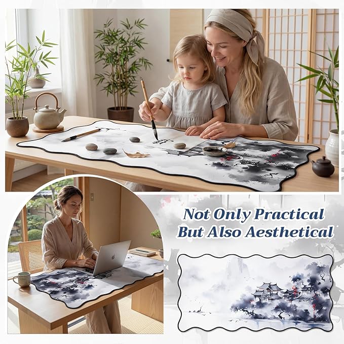 Kingdder Scalloped Ink Landscape Desk Mat Large Chinese Ink Painting Mouse Pad 31.5" x 15.7" Chinoiserie Aesthetic Vintage Nonslip Rubber Base Keyboard Pad for Laptop Computer Dorm Home Office Gaming