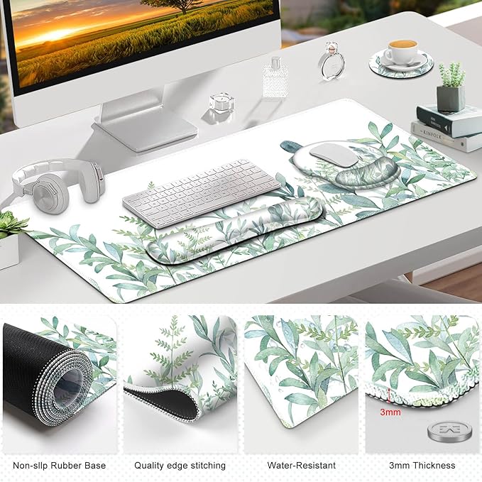 ToLuLu Desk Mat, XXL Large Mouse Pad Wrist Support Set,4 in1 Gaming Mousepad Desk Pad+ Ergonomic Mouse Pad with Wrist Rest + Keyboard Wrist Rest+Coaster for Home Office Computer Table, Green Grass