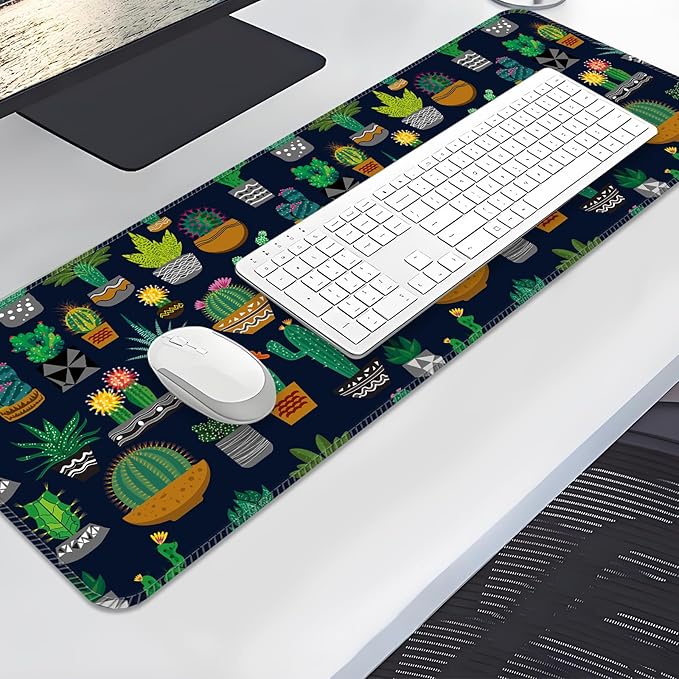 Desk Mat,Big Desk Pad,31.5 x 11.5in Extended Gaming Mouse Pad,Large Mouse Pad for Desk Rubber Base Mousepad with Stitched Edges,Keyboard Mouse Mat for Work Game Office Home - Cute Cactus