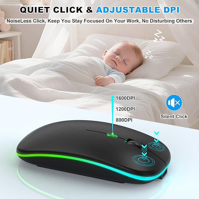 Bluetooth LED Wireless Mouse for MacBook Air iPad Pro Mac Laptop PC - Slim RGB Wireless Mouse, 3 Mode BT 5.2 & 2.4G USB-A/Type-C Connectivity Portable Mice with Jiggler Mode, Matte Black