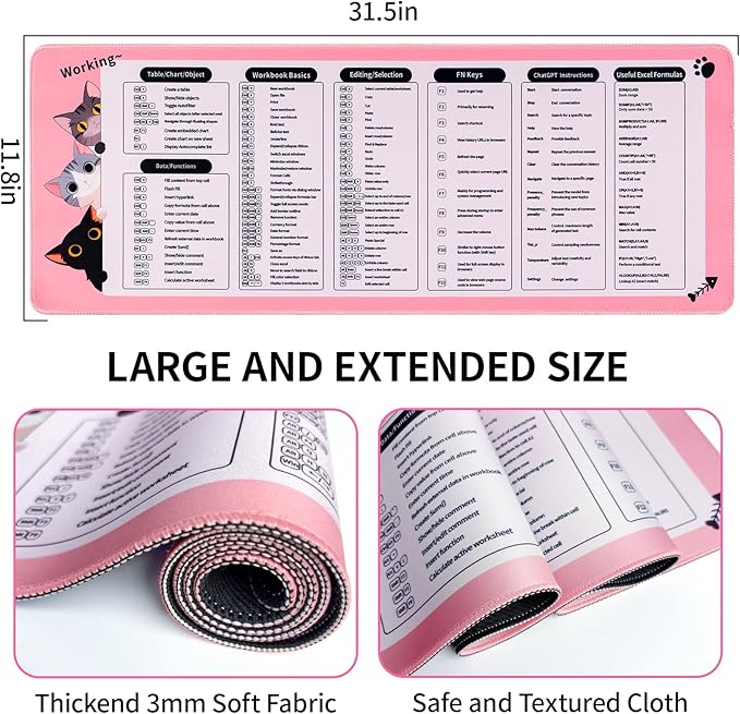 Excel Cheat Sheet Desk Pad, Cute Cat Pink Mouse Pad Non-Slip, 31.5" x 11.8" Large Shortcuts Mouse Pads, XL Gaming Keyboard Mat Office Pink Desk Accessories for Women