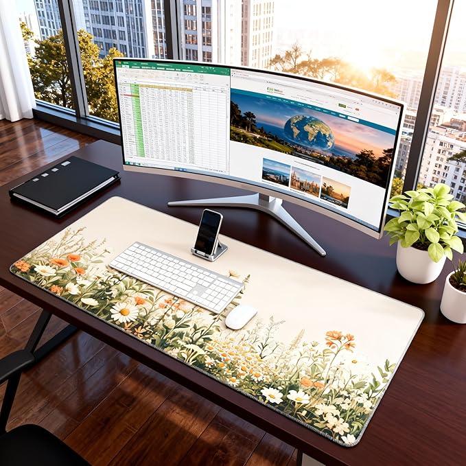 Floral Aesthetic Wildflower Gaming Mouse Pad, Beige Vintage Botanical Desk Mat with Anti-Slip Base & Stitched Edges, Office & Home Desk Decor for Women, 35.4" x 15.7" in Computer Desktop Mat