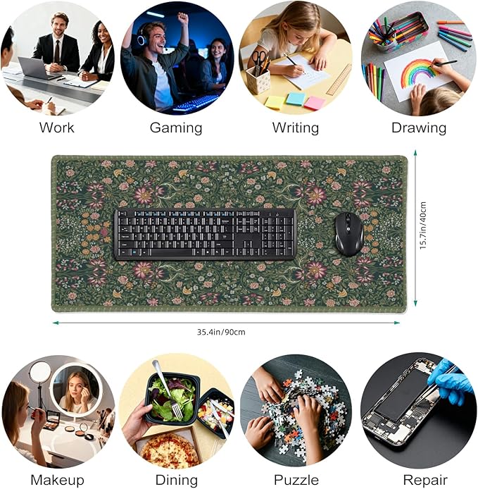 Dark Green Floral XXL Desk Mat, Extra Large Mouse Pad with Anti-Slip Base & Stitched Edges for Women, Aesthetic Desk Pad for Home Office Computer, Keyboard Mat Office Supplies Decor