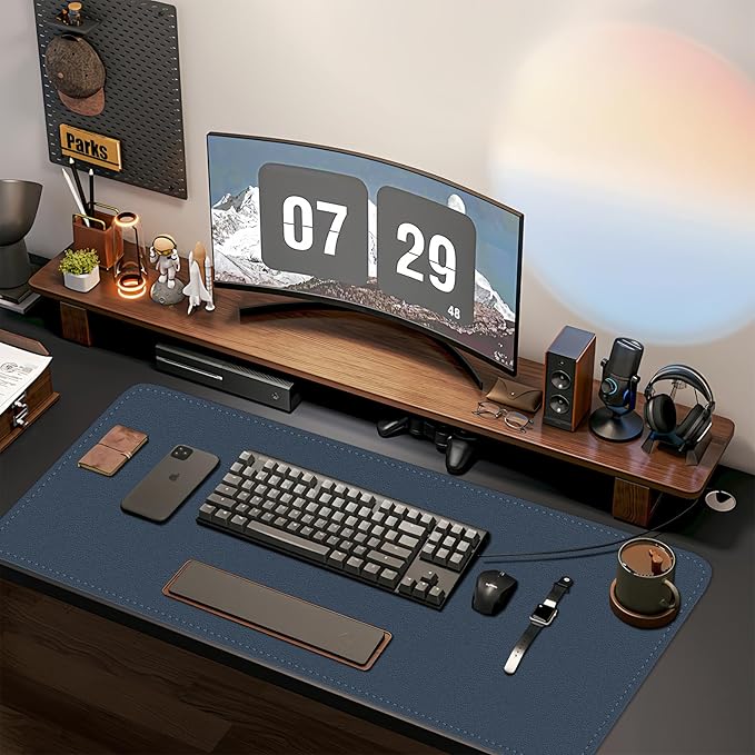 Bleswin Multifunctional Large Desk Mat, Double Sided Computer Desk pad, Extended Mouse Mat, Office Desk Protector with Waterproof PU Leather, 35.4''×16.9'', Office Home Writing Pad (Dark Blue+Yellow)