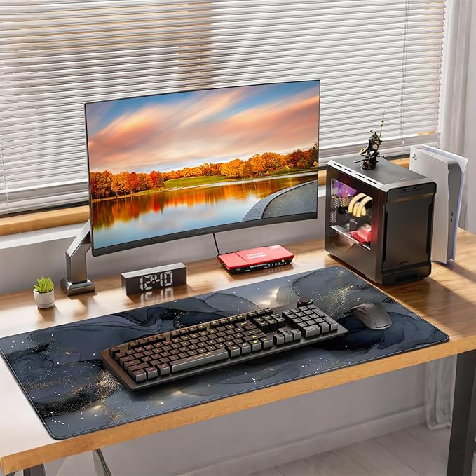 Extended Gaming Mouse Pad, Navy Blue Marble Pattern, 35.4 x 15.7 inches, XXL Extra Large Desktop Pad, Non-Slip Base, Waterproof, Suitable for Home Gaming and Office Use