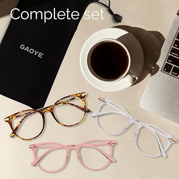 Gaoye 3 Pack Blue Light Blocking Glasses, Retro Round Eyewear Frame Anti Eyestrain Computer Glasses for Women Men - GY1688 (Pink+Tea Leopard+Transparent)