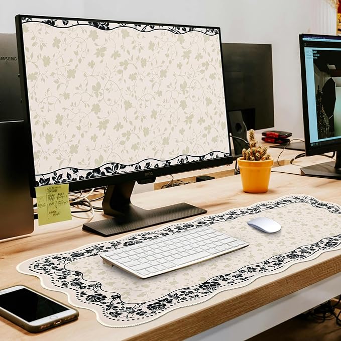 L-SPOUTTO Vintage Floral Mouse Pad,Aesthetic Scalloped Desk Mat XXL Large Gaming Mousepad,35.4x15.7in Non-Slip Keyboard Pad Waterproof Desktop Mat for Laptop Computer Work Game Office-Seamless Floral