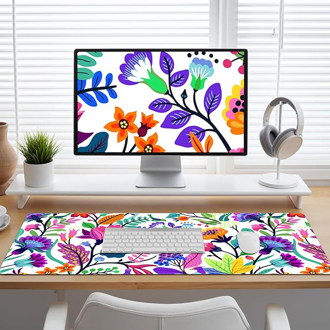 Colorful Flowers Desk Matt for Desktop, Mouse Pad Mat, Desk Mat for Keyboard and Mouse, XXL Large Mouse Pad for Desk, Anti-Slip Big Mousepad with Stitched Edges, Mouse Mat for Computer Laptop Women