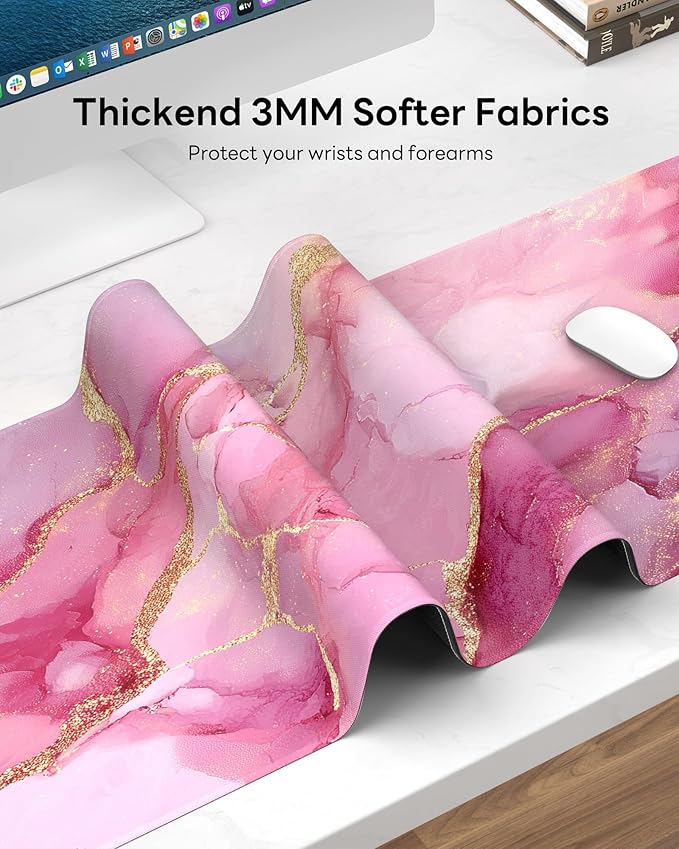 Pink Marble Mouse Pad, 31.5 x 11.8 Large Desk Mat with Stitched Edges & Non-Slip Base, Mousepad for Office, Home, Work