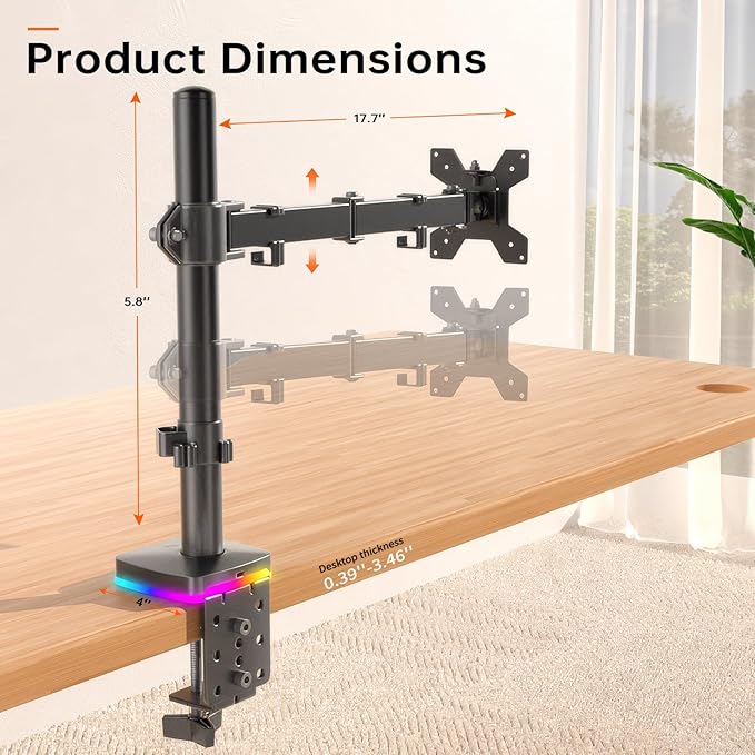 Afaloona RGB Single Monitor Stand, Monitor Arm with 3 USB Ports, Charging and USB Data Transfer Function, Adjustable Desk Mount for 13-27" Monitors up to 17.6lbs, VESA 75x75-100x100mm,Ergonomic Design