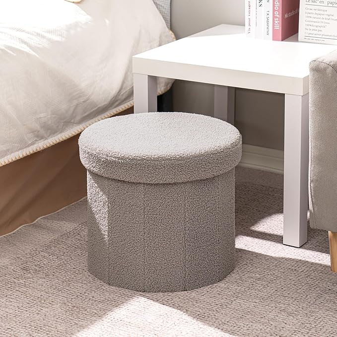 B FSOBEIIALEO Storage Ottoman Cube, Round Ottomans with Storage Foot Stool Footrest for Lving Room, Boucle Ottoman Seat for Dorm Room,Faux Teddy Fur, Grey 15"x15"x13.19"