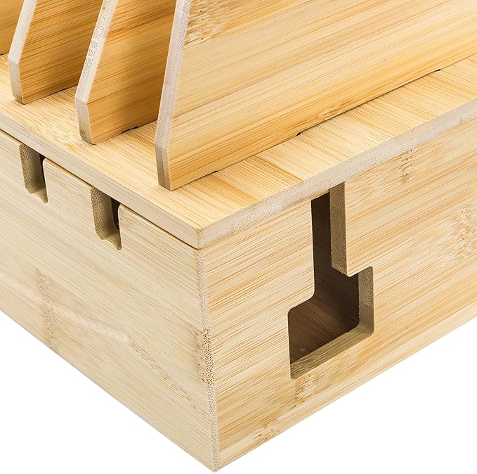 Bamboo Charging Station for Multiple Devices, Desktop Charging Organizer with Removable Divider Slots, Docking Stations Stand for 6 Devices, Compatible with Tablets, iPads, Cell Phone, Laptop