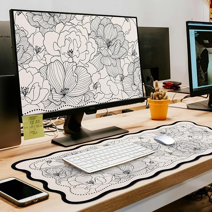 L-SPOUTTO Vintage Floral Mouse Pad,Aesthetic Scalloped Desk Mat XXL Large Gaming Mousepad,35.4x15.7in Non-Slip Keyboard Pad Waterproof Desktop Mat for Laptop Computer Work Game Home Office-Peony Beige