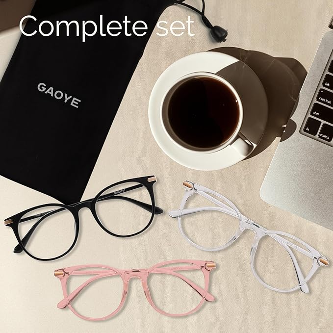 Gaoye 3 Pack Blue Light Blocking Glasses, Retro Round Eyewear Frame Anti Eyestrain Computer Glasses for Women Men - GY1688 (Black+Pink+Transparent)