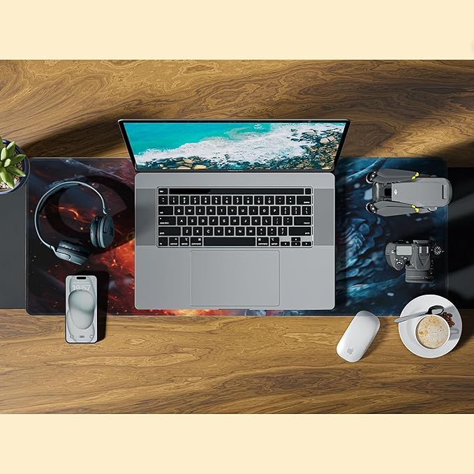 Desk Pad,Japanesev Anime Fire Ice Dragons Mouse Pad,31.5"X15.7" Extended Gaming Mouse Pad Mat with Stitched Edge Non-Slip Base Big Desk Mat for Office Keyboard Laptop