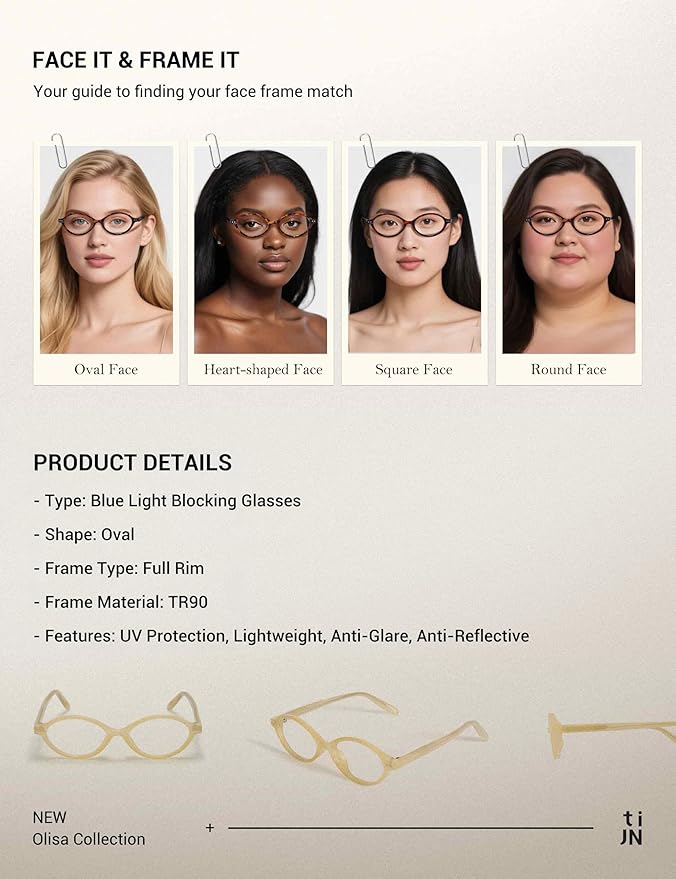 TIJN Olisa Blue Light Blocking Glasses for Women Men,Retro Oval Frame Bluelight Eyeglasses for Gaming/Computer/Screen
