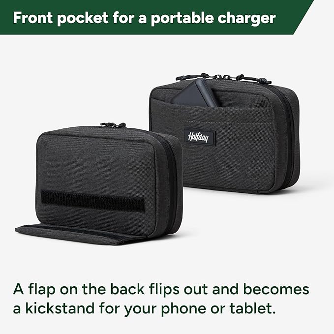 Halfday Sidekick Tech Organizer Kit | Flip-Out Kickstand for Phone/Tablet, Zip-Flat Pouch with Power Mesh & Elastic for Cable & Charger (Splash-Resistant Travel Electronics Accessories Case), Shadow