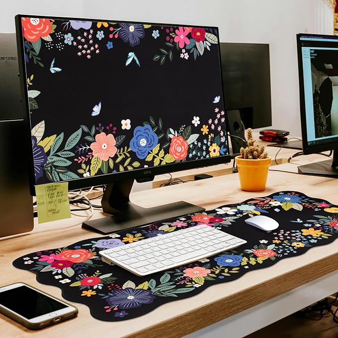 L-SPOUTTO Floral Mouse Pad,Black Desk Mat XXL Large Scalloped Gaming Mousepad,35.4x15.7in Non-Slip Rubber Base Keyboard Pad Waterproof Desktop Mat for Laptop Computer Game Home Office-Black Floral
