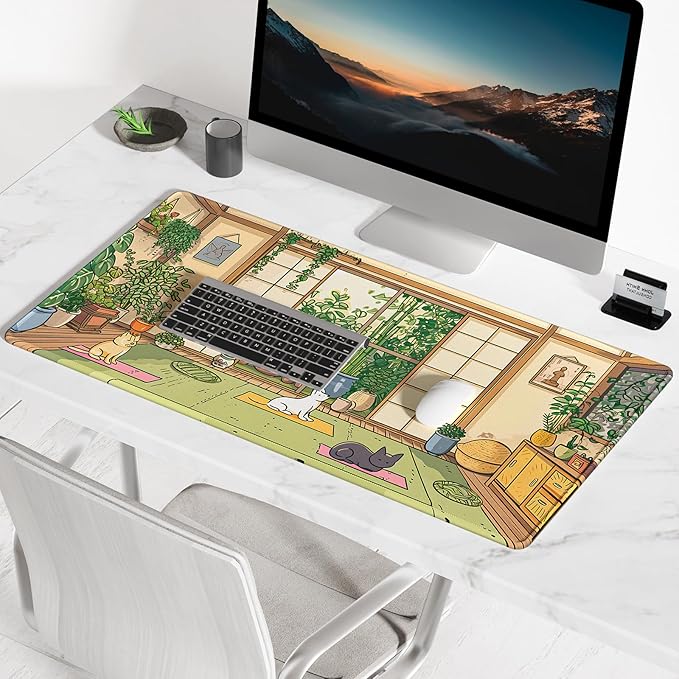 BOSOBO Large Mouse Pad, Extended XXL Desk Pad for Office & Home, Keyboard Mat, Full Cover Desktop Mat, Lofi Cats Yoga - 35.5 x 15.7 Inches