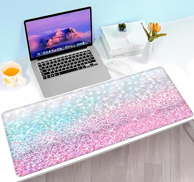 Gradient Glitter Large Mouse Pad, Pink Blue Sparkle Desk Pad, Pastel Cute Writing Desk Mat, Non-Slip Rubber Long Mousepad for Laptop Computer Gamer Home&Office, 31.5x11.8 in