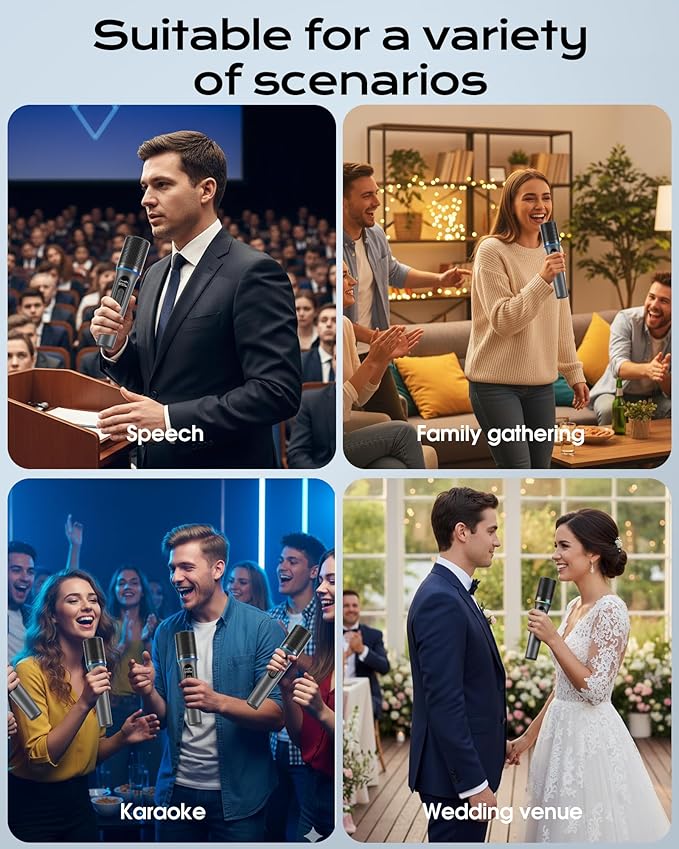 Wireless Microphone, Professional Handheld Dynamic Mic with Rechargeable Receiver, 5-Level Volume Adjustment, Dynamic RGB Lighting, 40-Hour Battery Rechargeable Microphone for Karaoke and Weddings.