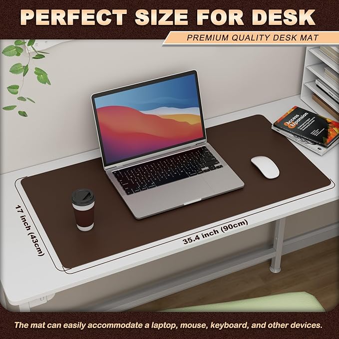 K KNODEL Leather Desk Pad Protector, Office Desk Mat, Large PVC Leather Desk Blotter, Non-Slip Mouse Pad (Dark Brown, 17" x 35.4")