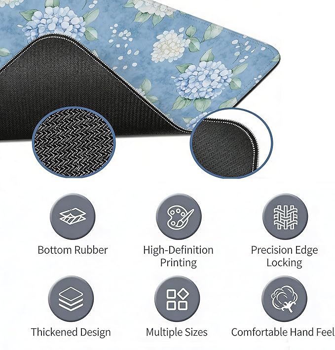 Blue Hydrangea Large Mouse Pad, Flroal Blue and White Desk Mat, Spring Summer Decor Mouse Pad for Desk Large Long White Hydrangea Extra Large Desk Pad Decorative for Office Women 31.5x11.8