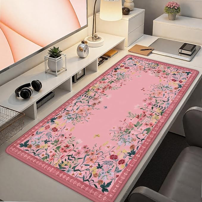 Vibrant Pink Flower Floral Large Mouse Pad 31.5x15.7inch, Aesthetic Wildflower Butterfly Botanical Big Extended Desk Mat Mousepad XL Gaming Keyboard Mat for Home Office Accessories