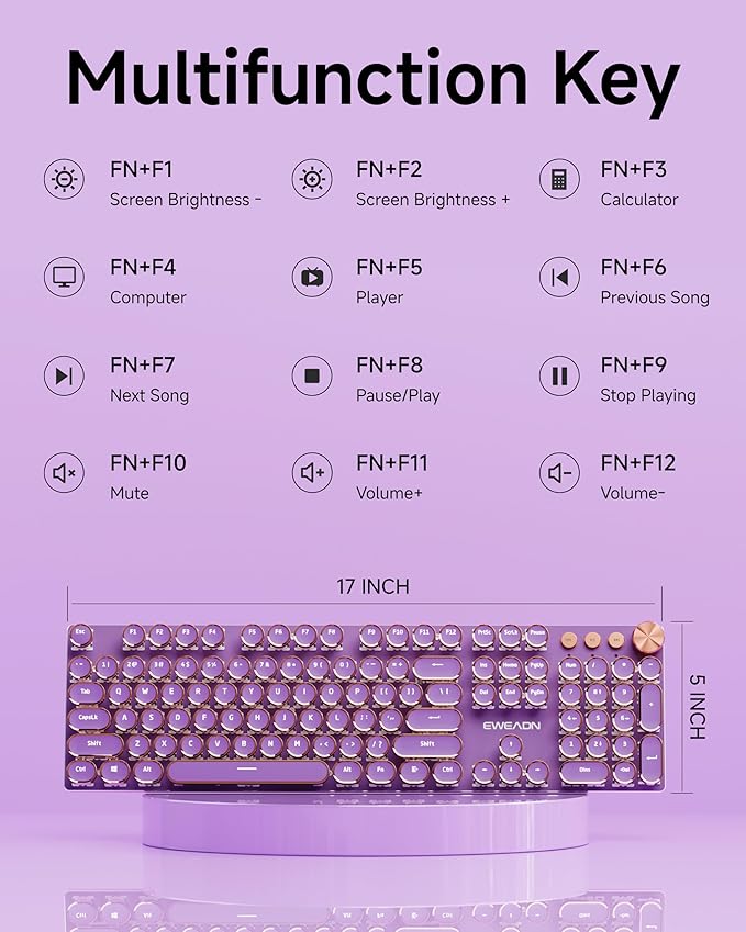 EWEADN V20 Typewriter Keyboard Wireless, 104 Keys Typewriter Style Mechanical with White Backlit, Media Knob, Pink Switch 2.4G/Bluetooth/USB-C Wired Retro Full Size Keyboard for Windows/Mac/PC-Purple