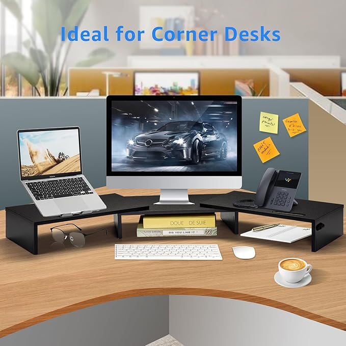 La Jaco Dual Monitor Stand Riser for 2 Monitors, Monitor Stand for Desk, Adjustable Length & Swivel Angle Wooden Desktop Organizer Stand Riser with Smartphone Holder for PC Monitor Laptop, Black