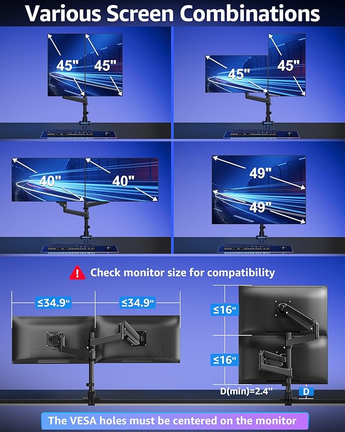 MOUNTUP Dual Monitor Stand Fits 49 45 42 40 39 34 32 Inch Screens, Heavy Duty Dual Monitor Arm Holds 7.7-44 lbs, Vertical Stacked Monitors Mount, Full Motion, Height Adjustable, VESA Mount