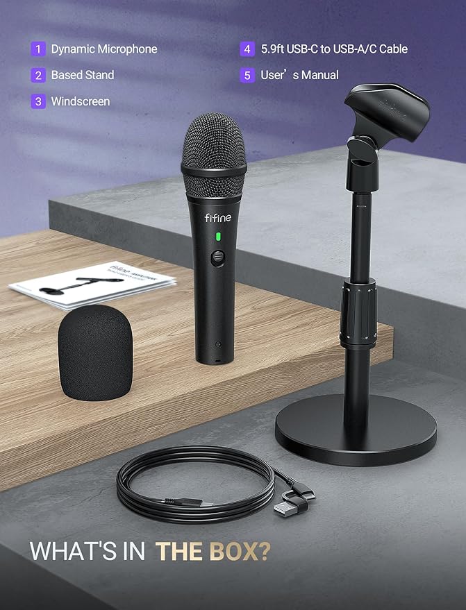 FIFINE USB/XLR Dynamic Microphone for Podcast Recording, Studio Handheld Mic Set with Desktop Stand for Vocal, Voice Over, Streaming, Black-AmpliTank TANK2