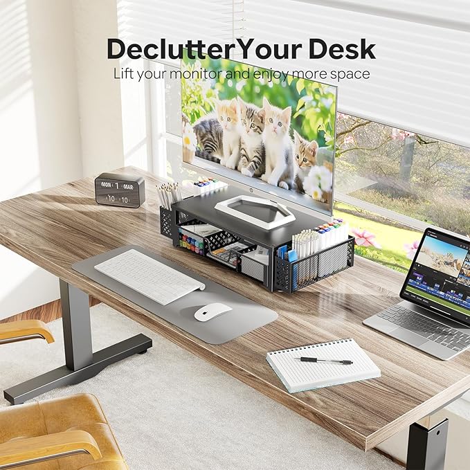 Simple Trending Desk Organizer and Accessories, Computer Metal Monitor Stand Riser with Drawer and Pen Holder for Laptop, Computer, iMac, Black