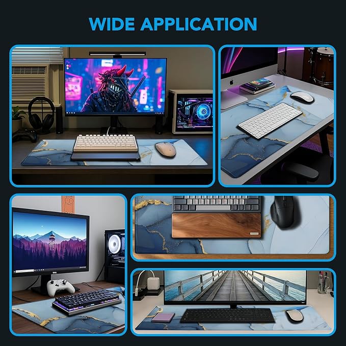 Gaming Mouse Pad, Large Pad with Non-Slip Rubber Base, Waterproof Mousepad with Stitched Edges, XXL Computer Long Keyboard Mouse Mat for Gamer, Office & Home, 31.5" x 15.7", Marble Blue